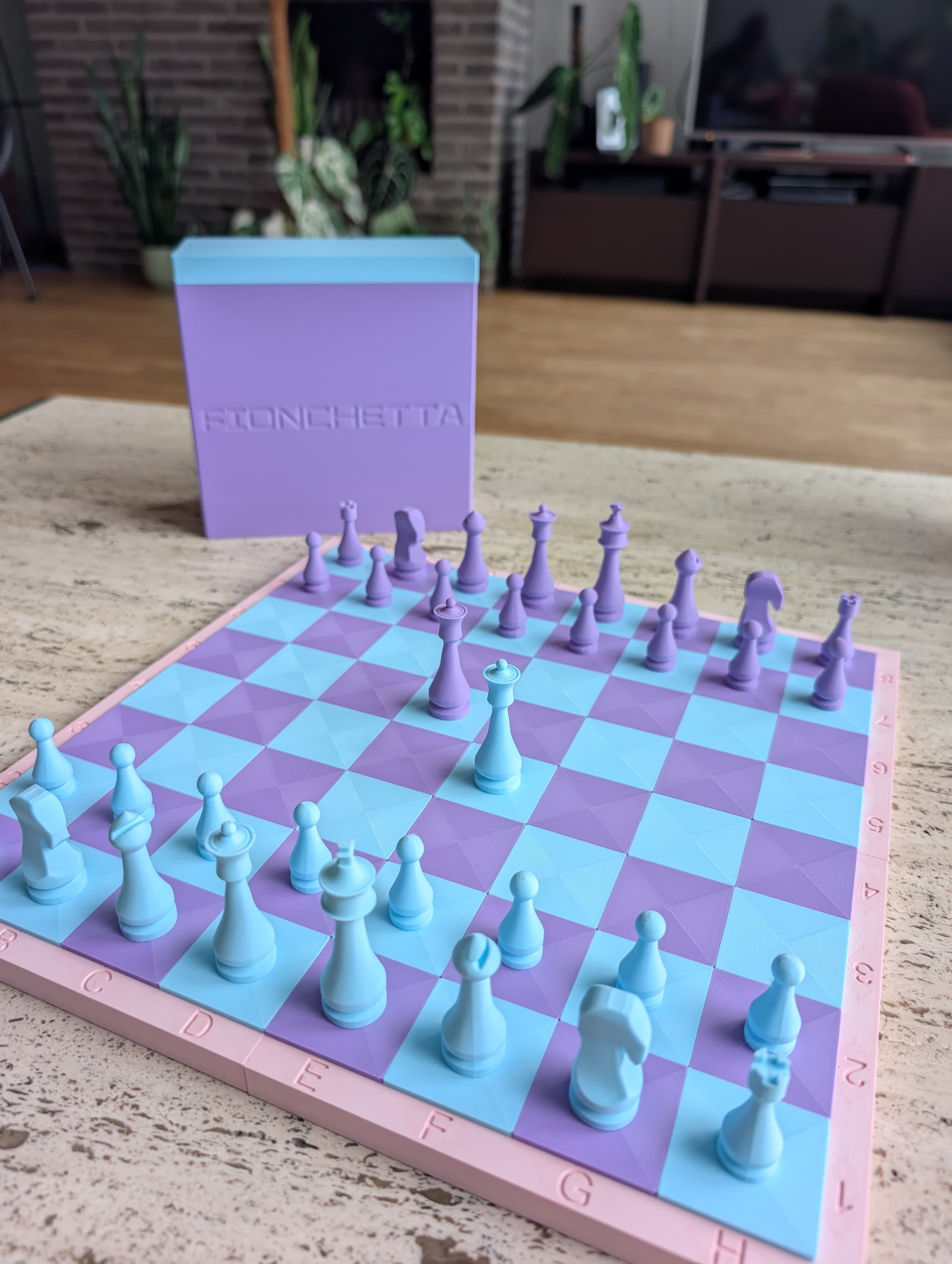 A sakura pink, lilac purple and ice blue printed chess board